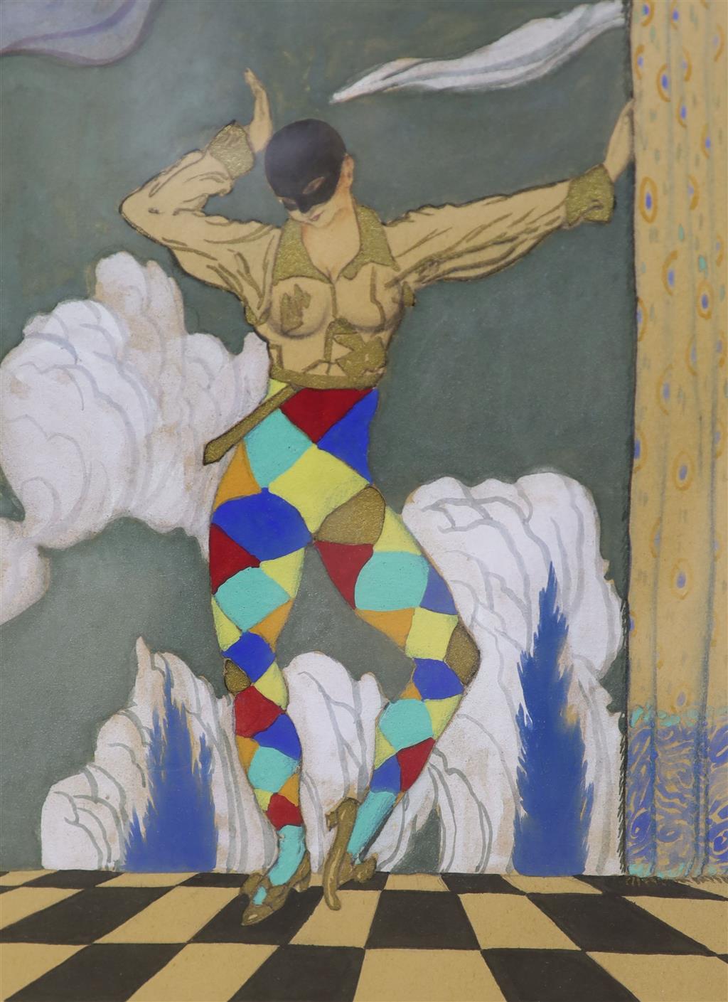 Manner of Leon Bakst (1866-1924), mixed media, Harlequin and companion, 30 x 23cm